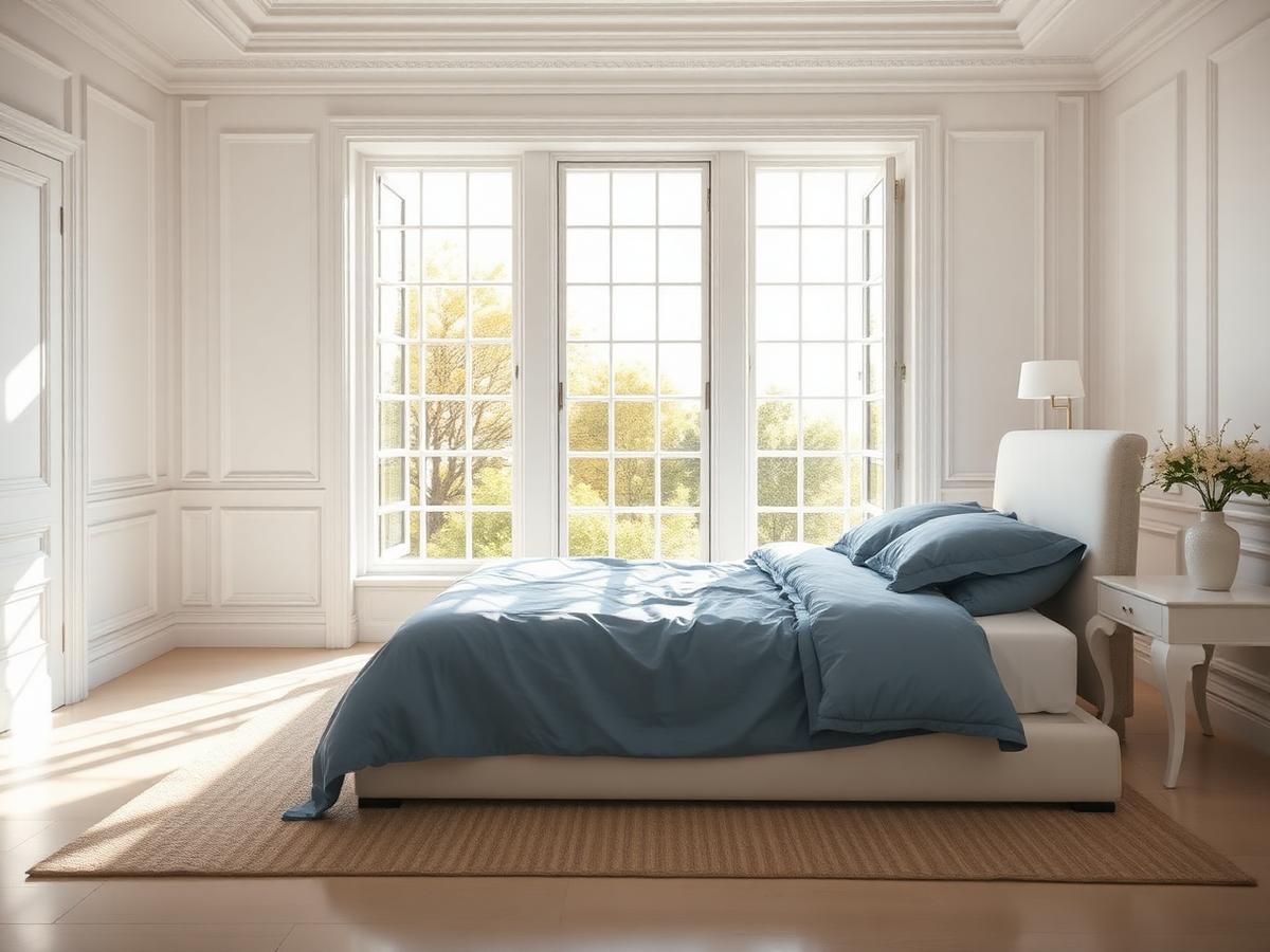 Bright white bedroom with open windows letting in fresh air