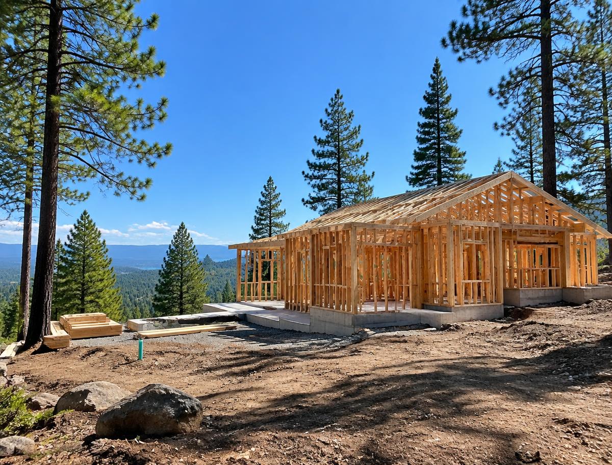 New framing on a cleared foothill lot during a Shasta County fire rebuild