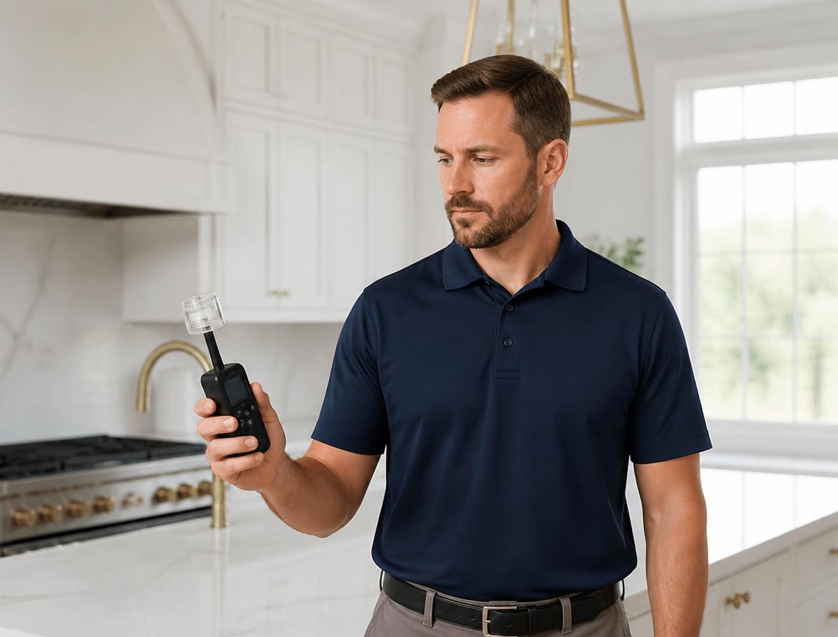 Independent mold inspector collecting an air sample in a bright white kitchen