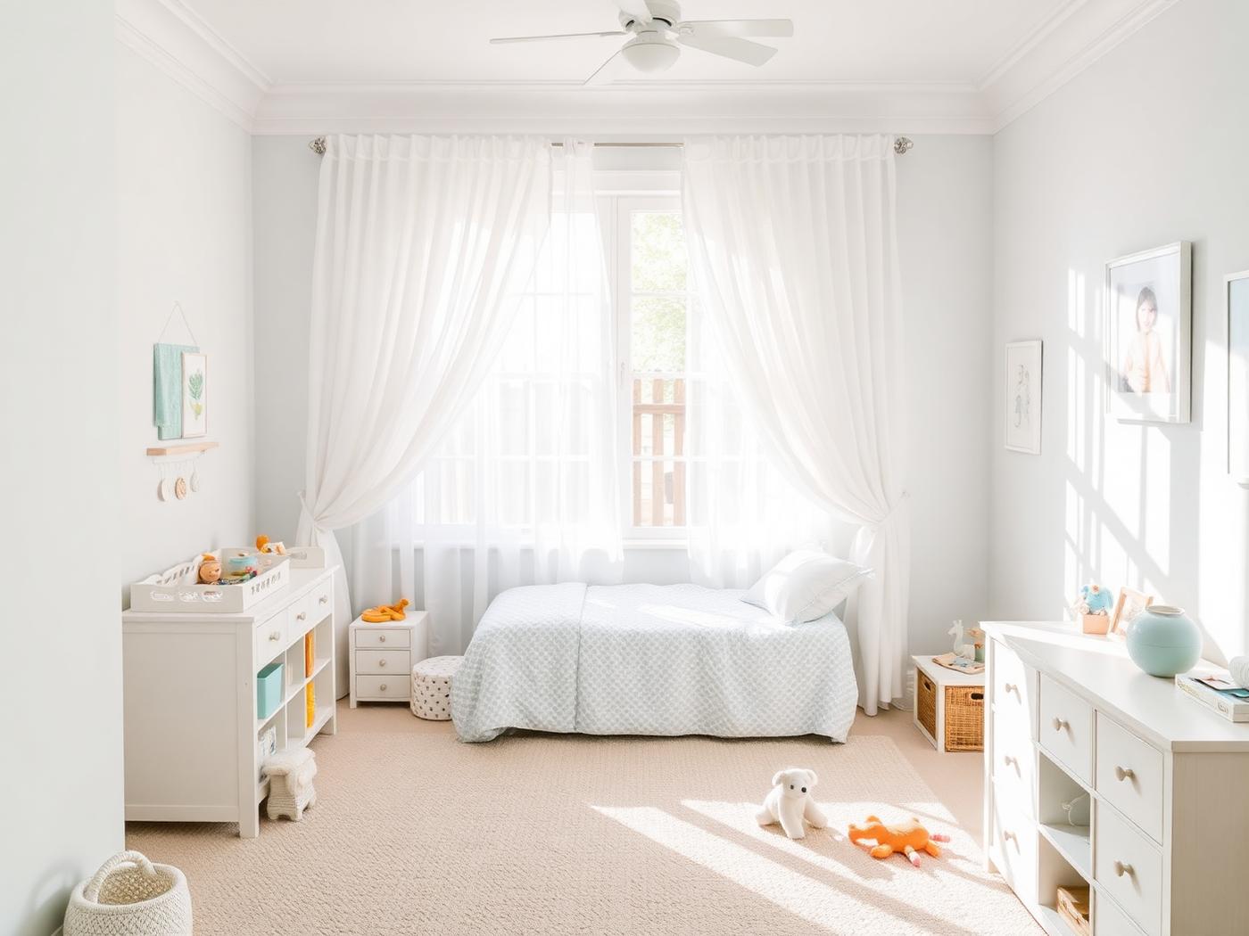 Bright white child's bedroom with sunlight through sheer curtains and fresh air