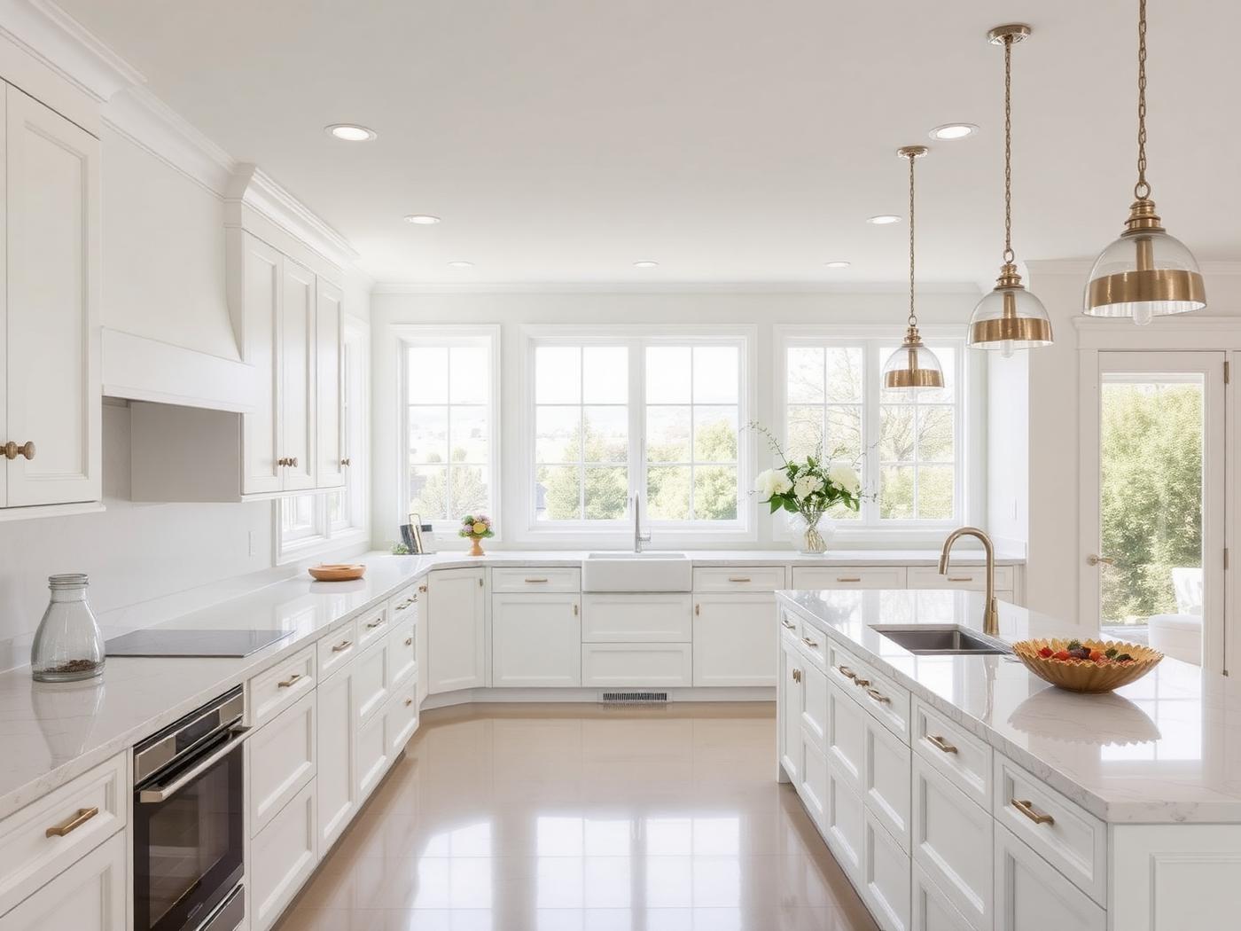 Bright white luxury kitchen with large windows in a Redding, California home