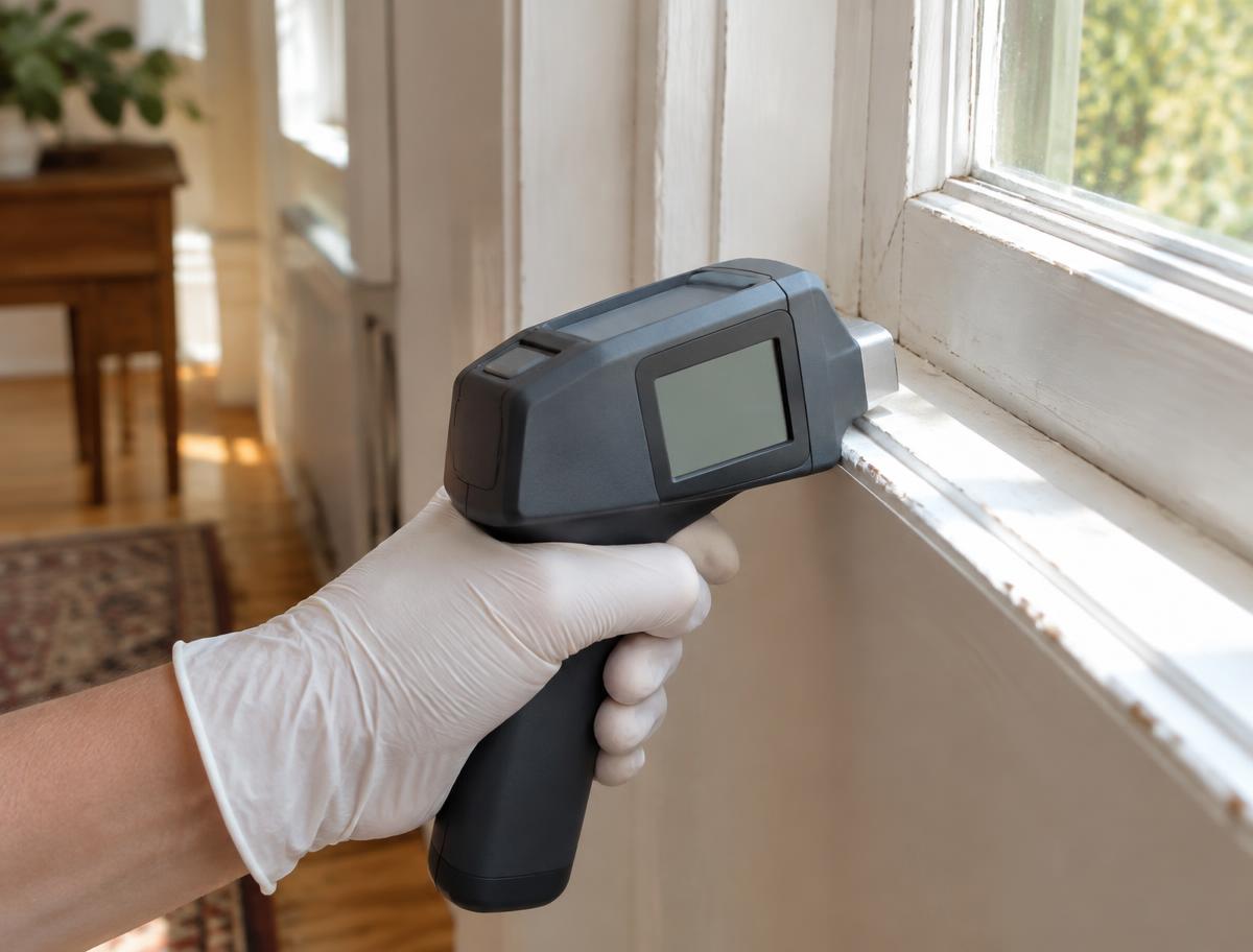 Handheld XRF analyzer testing an old painted window sill for lead